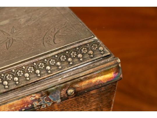 Pair Of Silverplate Candle Sticks And A Victorian Oak Tree Caddy Box