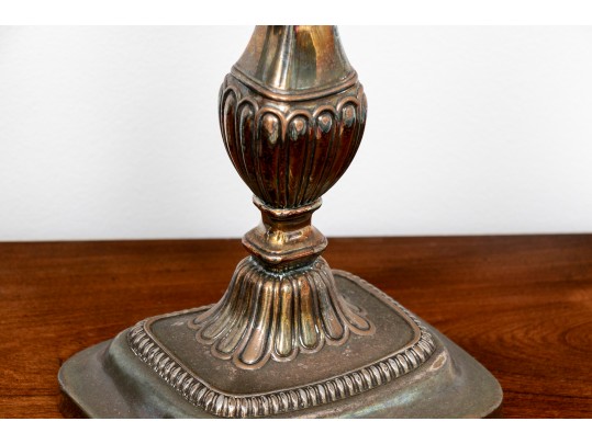 Pair Of Silverplate Candle Sticks And A Victorian Oak Tree Caddy Box