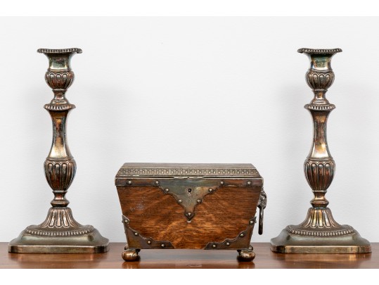 Pair Of Silverplate Candle Sticks And A Victorian Oak Tree Caddy Box