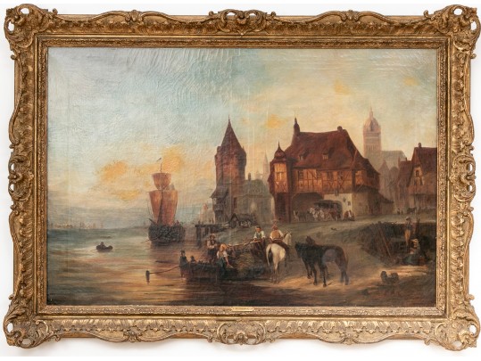 Edward William Cooke (English, 1811 - 1880), Oil On Canvas Town Harbor