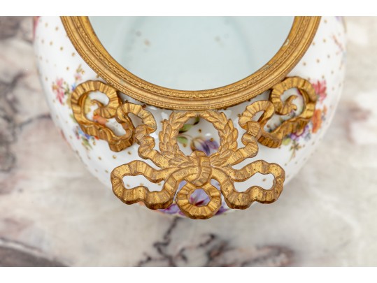 Elegant Gilt Metal Mounted Porcelain Potpourri Vase, Marked Flora