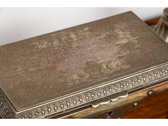 Pair Of Silverplate Candle Sticks And A Victorian Oak Tree Caddy Box