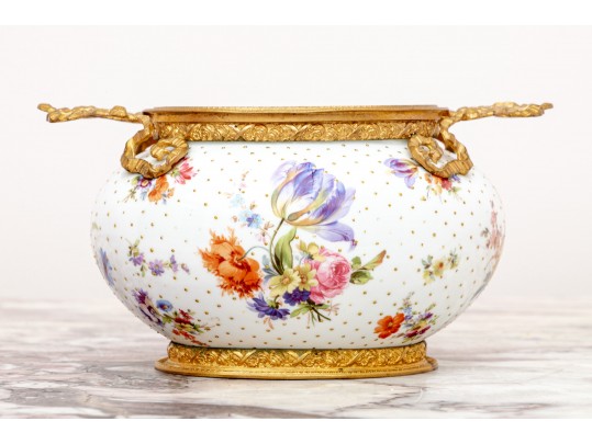 Elegant Gilt Metal Mounted Porcelain Potpourri Vase, Marked Flora