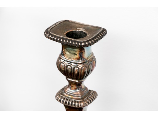 Pair Of Silverplate Candle Sticks And A Victorian Oak Tree Caddy Box
