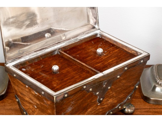 Pair Of Silverplate Candle Sticks And A Victorian Oak Tree Caddy Box