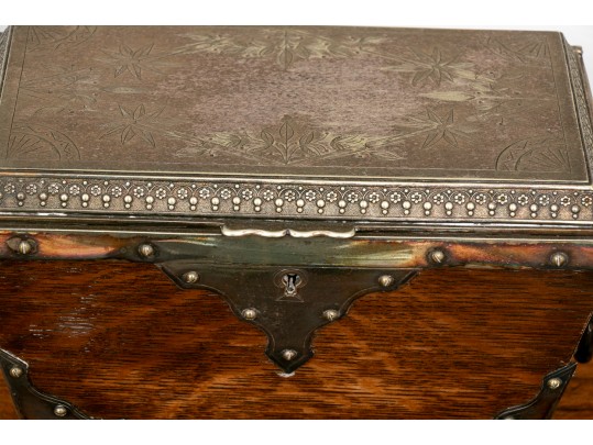 Pair Of Silverplate Candle Sticks And A Victorian Oak Tree Caddy Box