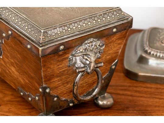 Pair Of Silverplate Candle Sticks And A Victorian Oak Tree Caddy Box
