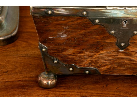 Pair Of Silverplate Candle Sticks And A Victorian Oak Tree Caddy Box