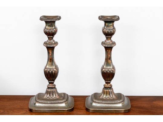 Pair Of Silverplate Candle Sticks And A Victorian Oak Tree Caddy Box