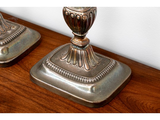 Pair Of Silverplate Candle Sticks And A Victorian Oak Tree Caddy Box