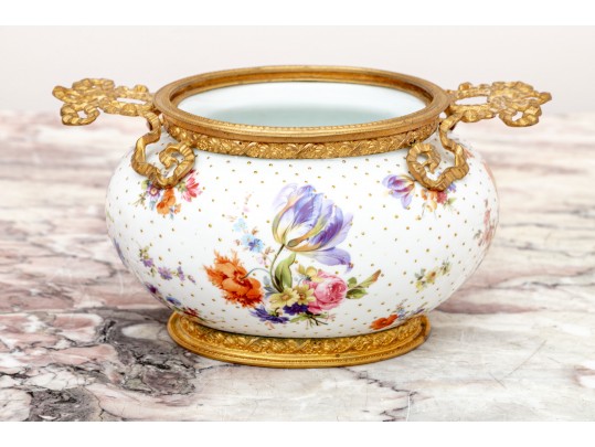 Elegant Gilt Metal Mounted Porcelain Potpourri Vase, Marked Flora