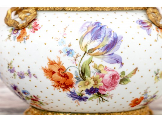 Elegant Gilt Metal Mounted Porcelain Potpourri Vase, Marked Flora