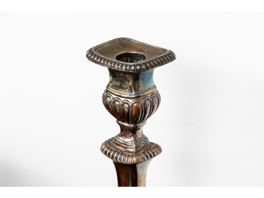 Pair Of Silverplate Candle Sticks And A Victorian Oak Tree Caddy Box