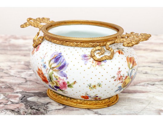 Elegant Gilt Metal Mounted Porcelain Potpourri Vase, Marked Flora