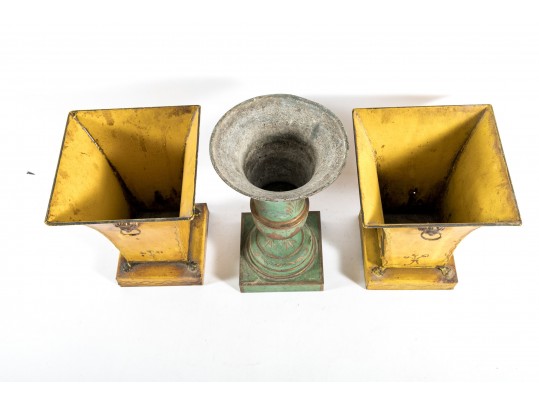 Garniture Trio Of Antique French Tole Metal Vases