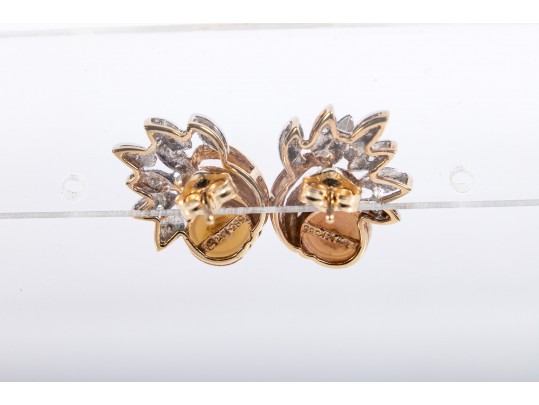 14k Yellow Gold Cultured Pearl And Diamond Stud Earrings
