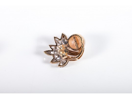 14k Yellow Gold Cultured Pearl And Diamond Stud Earrings