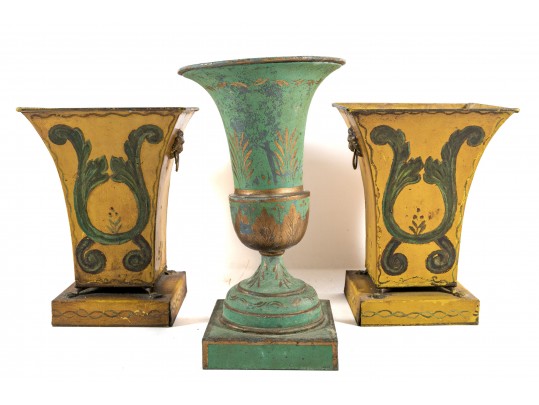 Garniture Trio Of Antique French Tole Metal Vases
