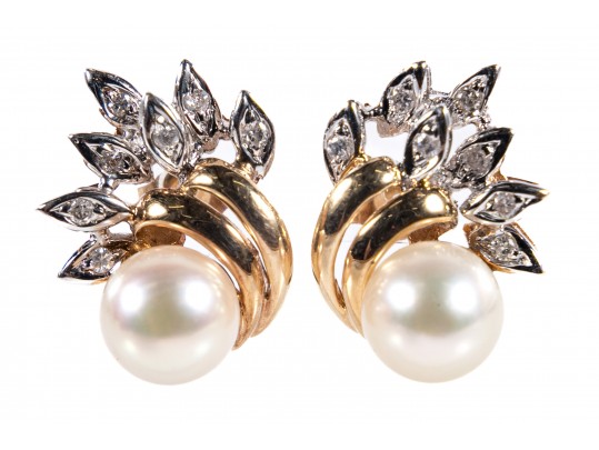 14k Yellow Gold Cultured Pearl And Diamond Stud Earrings