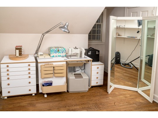 Sewing Room: Sewing Cabinets, Mirror And Bernina 930