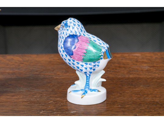 Two Herend Porcelain Pink And Blue Fishnet Glazed Birds