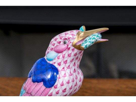 Two Herend Porcelain Pink And Blue Fishnet Glazed Birds