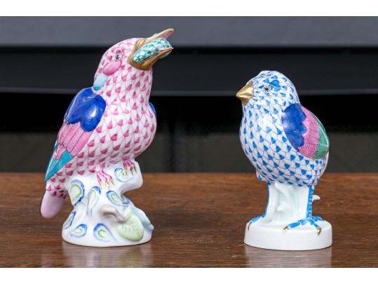 Two Herend Porcelain Pink And Blue Fishnet Glazed Birds