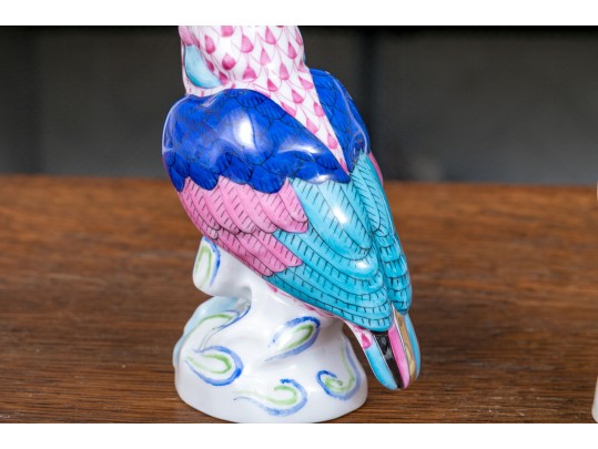 Two Herend Porcelain Pink And Blue Fishnet Glazed Birds
