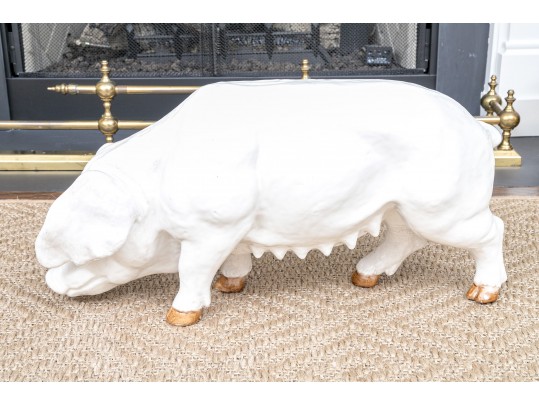 A Family Of Three French White Glazed Terracotta Pigs