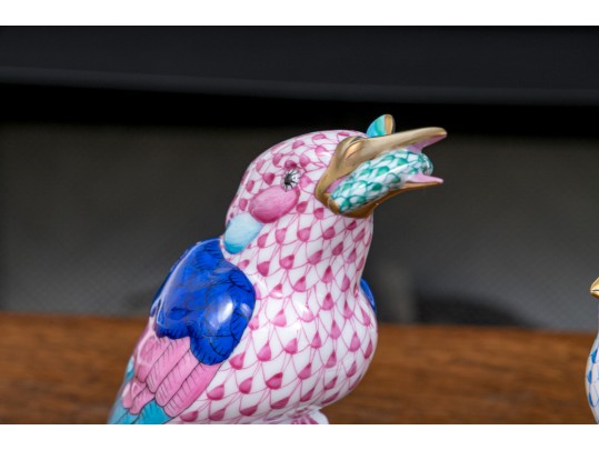 Two Herend Porcelain Pink And Blue Fishnet Glazed Birds