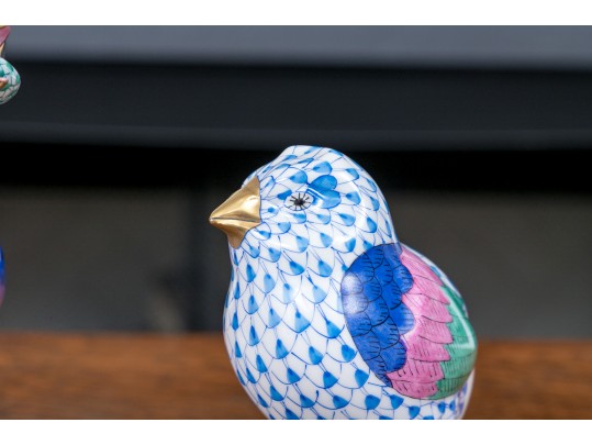 Two Herend Porcelain Pink And Blue Fishnet Glazed Birds