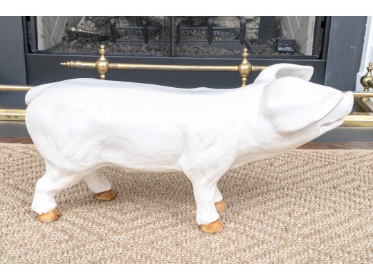 A Family Of Three French White Glazed Terracotta Pigs