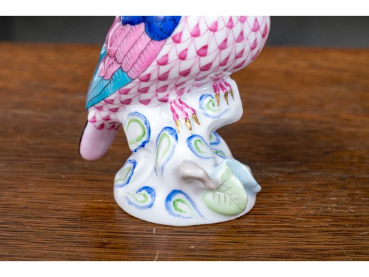 Two Herend Porcelain Pink And Blue Fishnet Glazed Birds