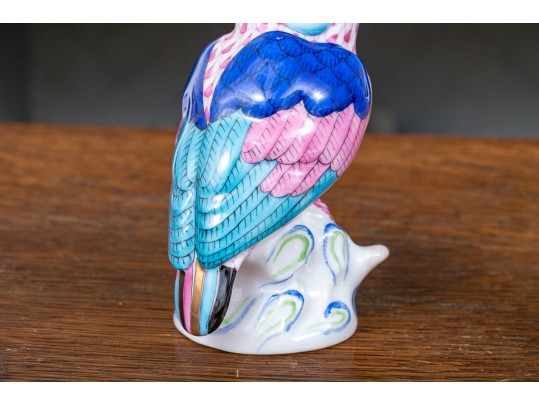 Two Herend Porcelain Pink And Blue Fishnet Glazed Birds