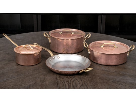 Handsome Lot Of Vintage Heavy French Copper And Bass Pots And Pans