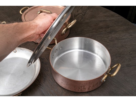 Handsome Lot Of Vintage Heavy French Copper And Bass Pots And Pans