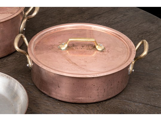 Handsome Lot Of Vintage Heavy French Copper And Bass Pots And Pans