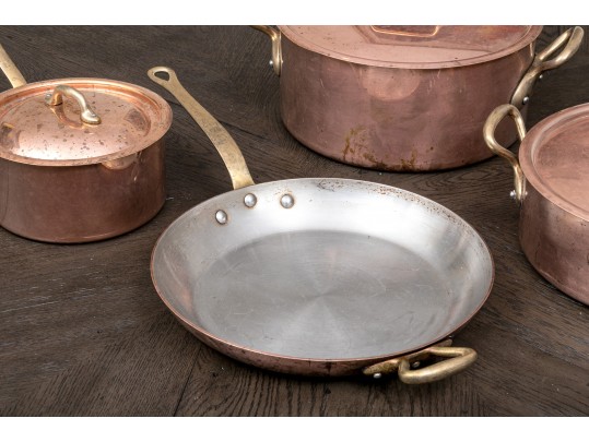 Handsome Lot Of Vintage Heavy French Copper And Bass Pots And Pans