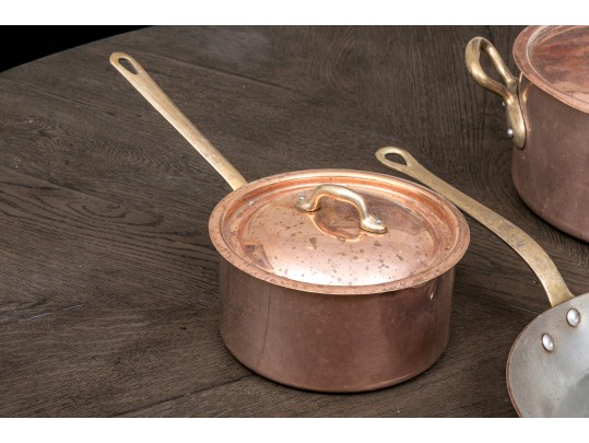 Handsome Lot Of Vintage Heavy French Copper And Bass Pots And Pans