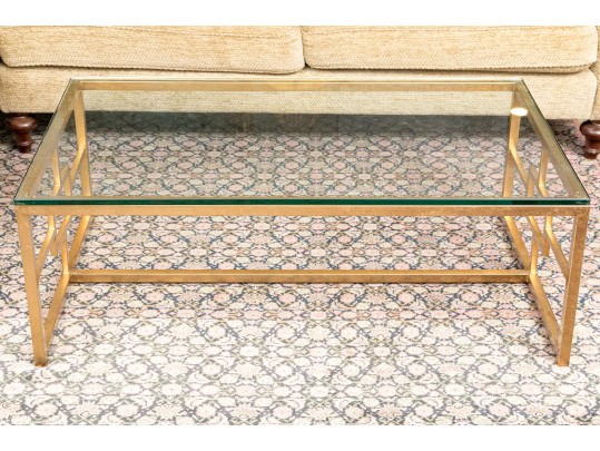 Chic Contemporary Gilt Metal Framed Glass Top Cocktail Table