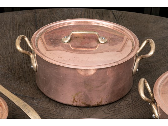 Handsome Lot Of Vintage Heavy French Copper And Bass Pots And Pans