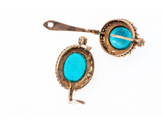 14k Rose Gold Lovely Vintage Turquoise Cabachon And Seed Pearl Halo Earrings