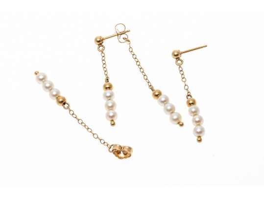 14k Yellow Gold Pretty 3.75 Mm Stacked Cultured Pearl Pendant Earrings