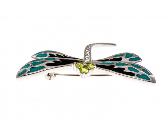 Sterling Silver Whimsical Dragonfly Pin Set With Round Brilliant CZ Stones And Enamel Wings