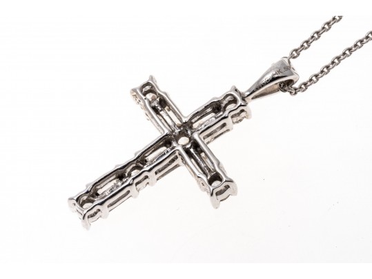 14k White Gold Baguette And Round Diamond Cross, 0.50 TCW, With Chain