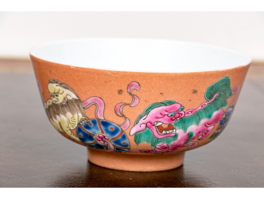 Fine Set Of 4 Chinese Famille Rose On Peach Ground Porcelain Tea Bowls