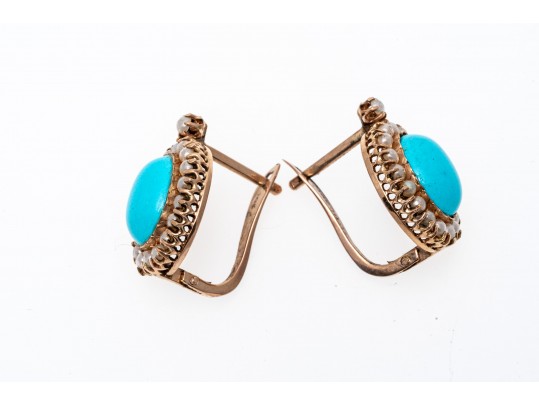 14k Rose Gold Lovely Vintage Turquoise Cabachon And Seed Pearl Halo Earrings