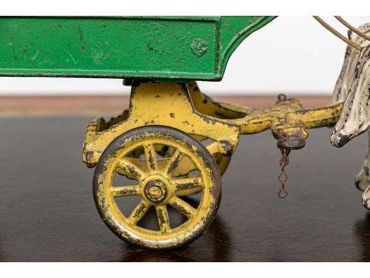 Semi Antique Paint Finished Cast Iron Toy Farm Cart Pulled By Horses 
