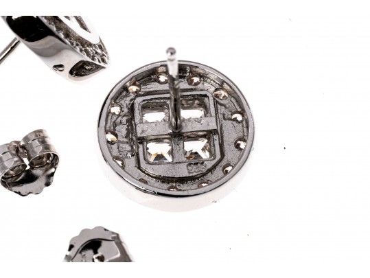 Sterling Silver Distinctive High Polished Round Flat Button Earring With Princess Cut And Round CZ's