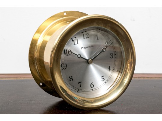 Portfolio Brass And Glass Encased Ship Porthole Form, Wall Mounted Clock